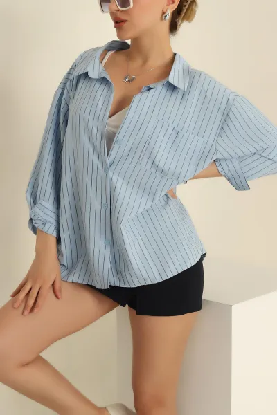 Mavi Çizgili Dokuma Oversize Bayan Gömlek 269891