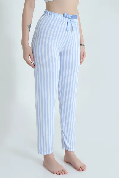 Mavi Çizgili Fiyonk Detaylı Kadın Pijama Altı 470755