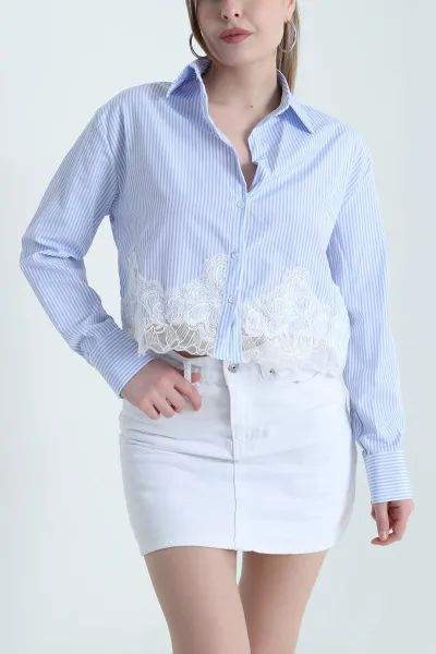 Mavi Çizgili Güpürlü Poplin Kadın Gömlek 448274