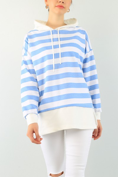 Mavi Çizgili Kapüşonlu Bayan Sweat Tunik 74848