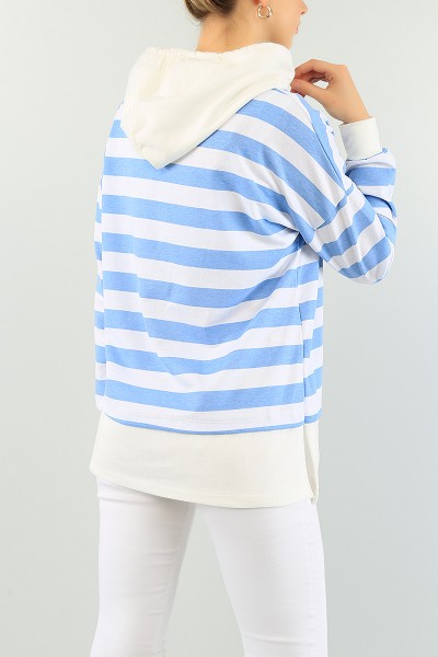 Mavi Çizgili Kapüşonlu Bayan Sweat Tunik 74848