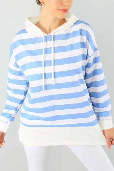 Mavi Çizgili Kapüşonlu Bayan Sweat Tunik 74848