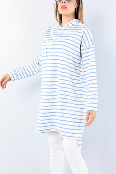 Mavi Çizgili Kapüşonlu Tunik 75156