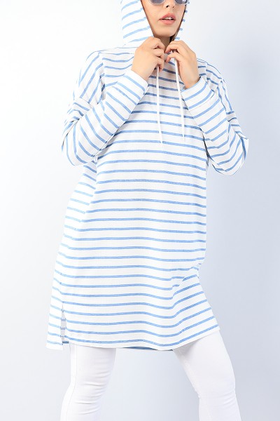Mavi Çizgili Kapüşonlu Tunik 75156