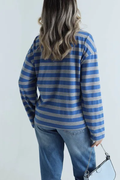 Mavi Çizgili Likralı Kadın Sweat 498431