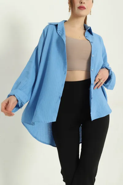 Mavi Çizgili Oversize Bayan Keten Gömlek 336985