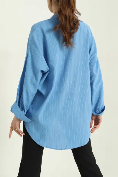 Mavi Çizgili Oversize Bayan Keten Gömlek 336985