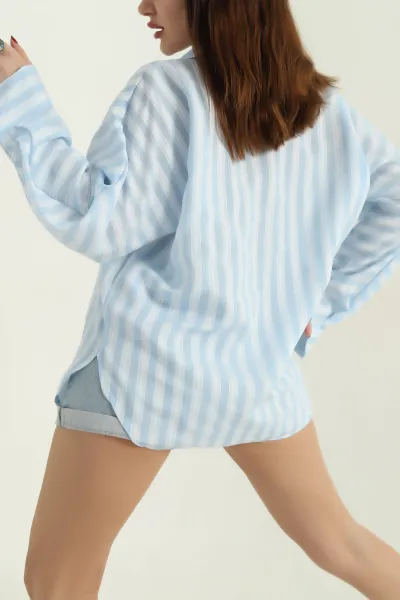 Mavi Çizgili Oversize Dokuma Bayan Gömlek 336990