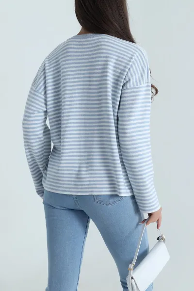 Mavi Çizgili Oversize Kadın Triko Kazak 487643