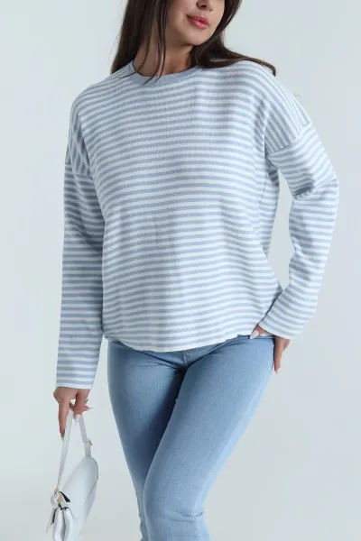 Mavi Çizgili Oversize Kadın Triko Kazak 487643