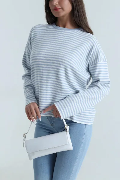 Mavi Çizgili Oversize Kadın Triko Kazak 487643