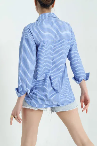 Mavi Çizgili Oversize Poplin Kumaş Gömlek 336468