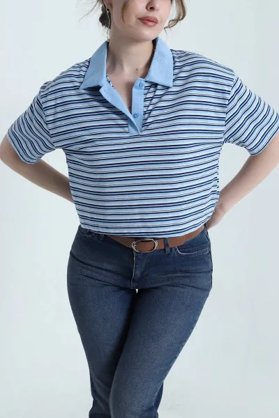 Mavi Çizgili Polo Yaka Kadın Bluz 459422