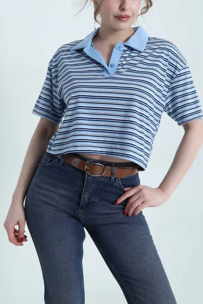 Mavi Çizgili Polo Yaka Kadın Bluz 459422