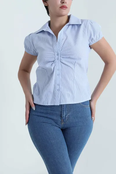 Mavi Çizgili Poplin Kadın Gömlek 481005