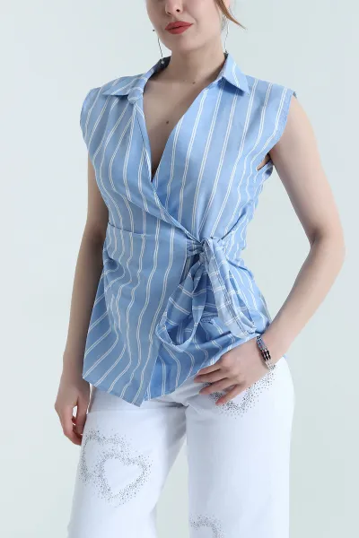 Mavi Çizgili Poplin Kolsuz Kadın Bluz 452925