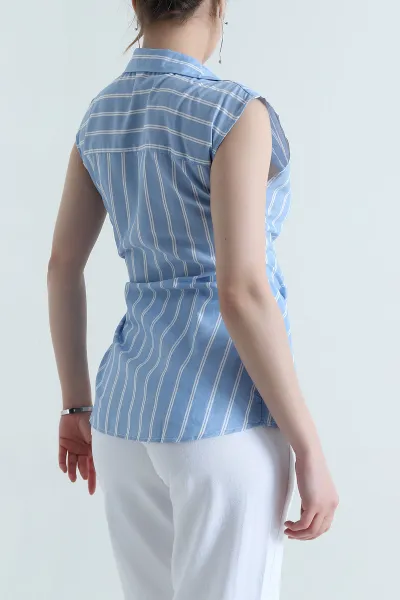 Mavi Çizgili Poplin Kolsuz Kadın Bluz 452925