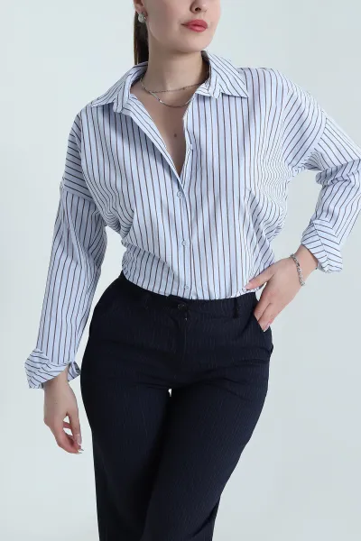 Mavi Çizgili Salaş Poplin Kadın Gömlek 489858