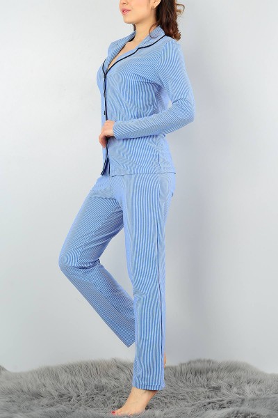 Mavi Çizgili Tasarım Bayan Pijama Takımı 58094