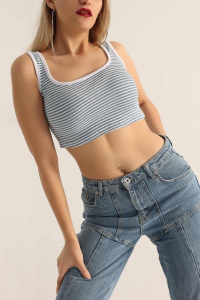 Mavi Çizgili Tasarım Crop Üst 178138