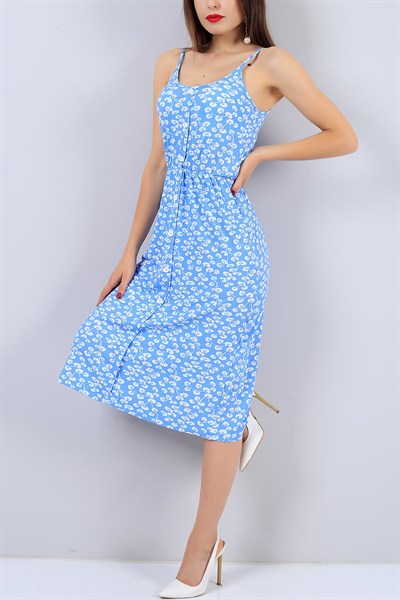 Mavi Desenli Bayan Likralı Elbise 15154B