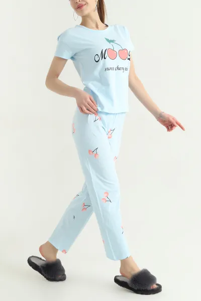 Mavi Desenli Penye Kadın Pijama Takımı 341720