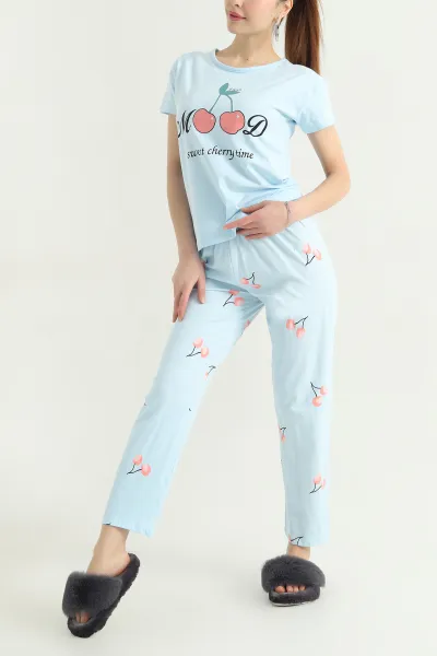 Mavi Desenli Penye Kadın Pijama Takımı 341720