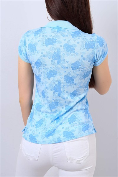 Mavi Desenli Bayan Yakalı Tişört 14420B