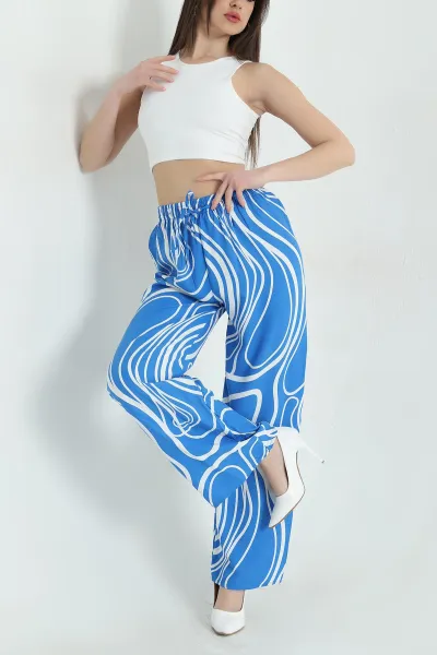 mavi-desenli-bel-lastikli-dokuma-kadin-pantolon-357140
