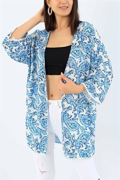 Mavi Desenli Dokuma Viskon Kimono 36871
