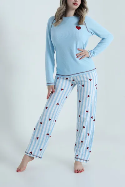 Mavi Desenli Waffle Kadın Pijama Takımı 486242
