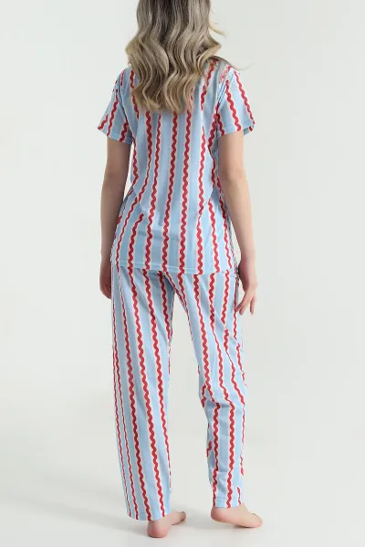 Mavi Dijital Düğmeli Şortlu Kadın Pijama Takımı 478570