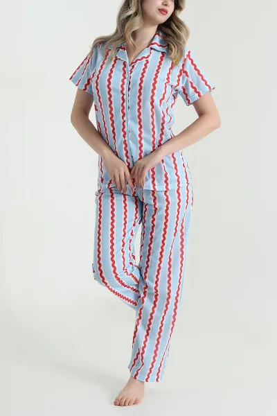 Mavi Dijital Düğmeli Şortlu Kadın Pijama Takımı 478570