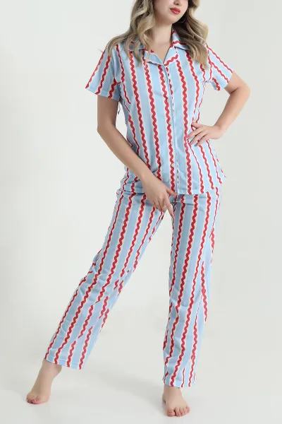 Mavi Dijital Düğmeli Şortlu Kadın Pijama Takımı 478570