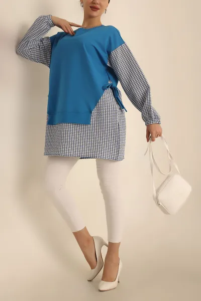 Mavi Dokuma Kol Garnili İki İp Tunik 245347