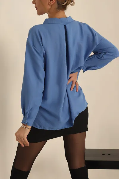 Mavi Dokuma Oversize Bayan Gömlek 234216