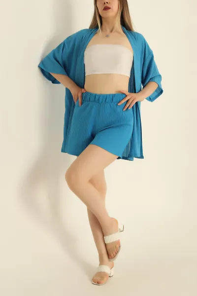 Mavi Dokuma Şort Kimono İkili Takım 278684