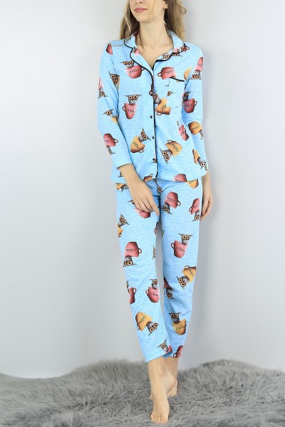 Mavi Düğmeli Bayan  Baskılı Pijama Takımı 54939