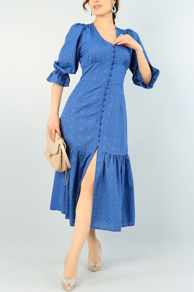 Mavi Düğmeli Fisto İşlemeli Dokuma Elbise 65074