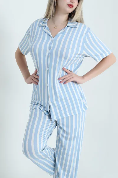 Mavi Düğmeli Viskon  Kadın Pijama Takımı 466683