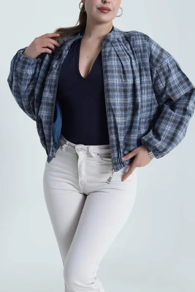 Mavi Ekose Bomber Kadın Mevsimlik Mont 484487