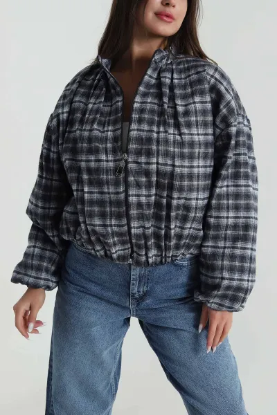 Mavi Ekose Bomber Kadın Mevsimlik Mont 488243