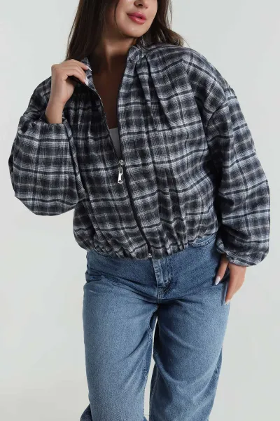 Mavi Ekose Bomber Kadın Mevsimlik Mont 488243