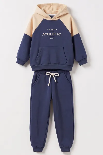 Mavi Ekru (6-10 Yaş) Athletic Baskılı Kapüşonlu   3 İp Şardonlu Erkek Çocuk Kışlık Takım 481860