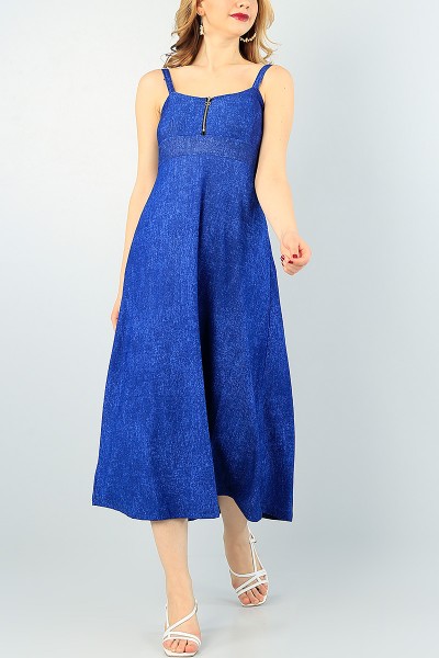 Mavi Fermuarlı Destekli Elbise 62841