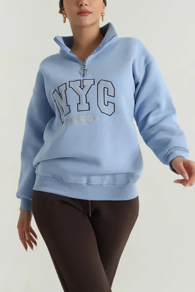 Mavi Fermuarlı Nakışlı Şardonlu Kadın Sweat 387843