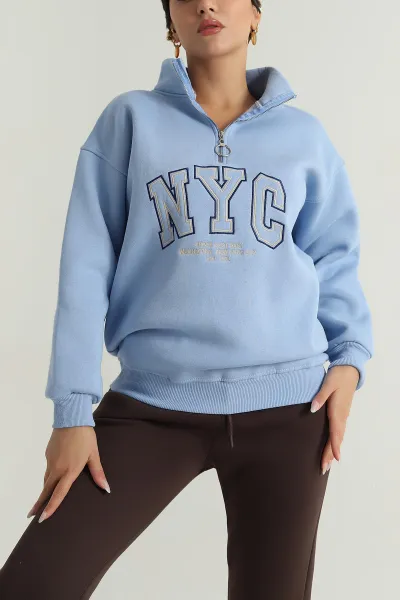 Mavi Fermuarlı Nakışlı Şardonlu Kadın Sweat 387843