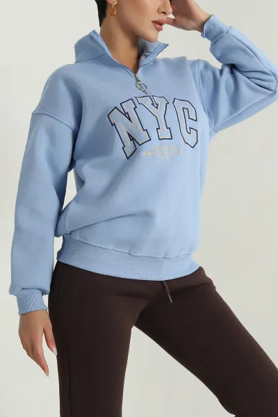 Mavi Fermuarlı Nakışlı Şardonlu Kadın Sweat 387843