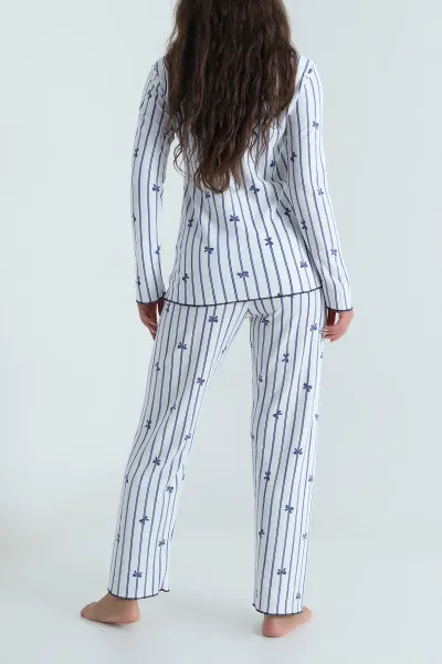 Mavi Fiyonklu Waffele Kadın Pijama Takımı 488903