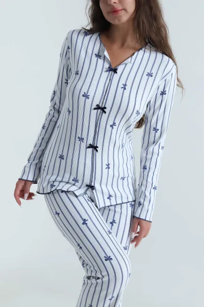 Mavi Fiyonklu Waffele Kadın Pijama Takımı 488903